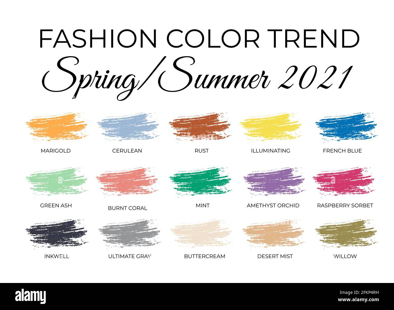 Tendenze del colore della moda Primavera Estate 2021. Guida alla tavolozza dei  colori alla moda. Pennellate i tratti di colore con i nomi dei campioni.  Modello vettoriale facile da modificare f Immagine