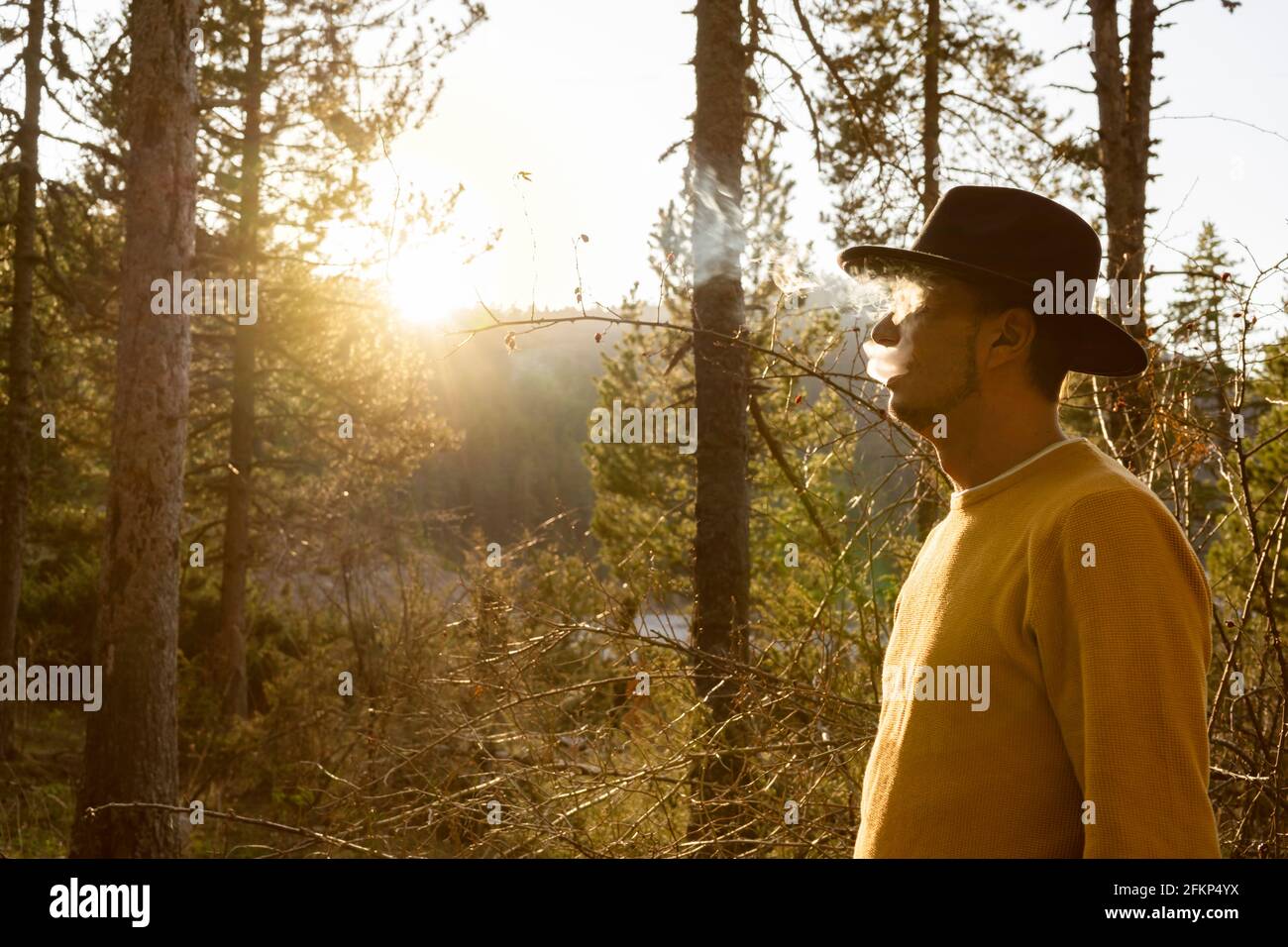 Giovane uomo di stile che fuma nel cappello nel turista Forest.Portrait cowboy con fumo in pullover giallo in bosco al tramonto Bellissimo paesaggio con su Foto Stock
