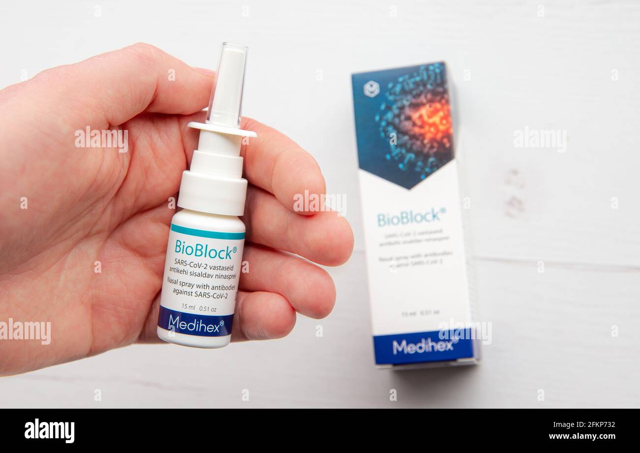 Tallinn, Harjumaa, Estonia- 03MAY2021: Nuovo spray nasale innovativo contro COVID-19 chiamato BioBlock contro SARS-COV-2 di Medihex. Foto Stock