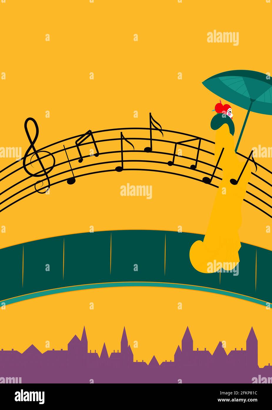 illustrazione di un ponte fatto da note musicali e un donna che attraversa  il ponte con un ombrello Foto stock - Alamy