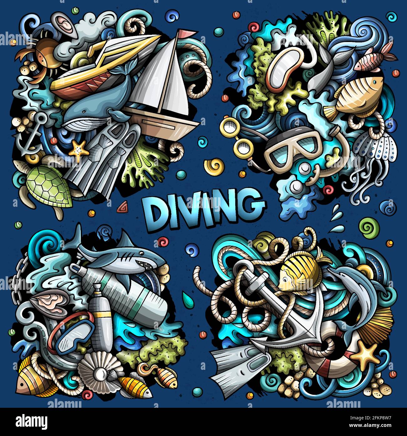 Diving cartoon vettore doodle disegni set. Illustrazione Vettoriale