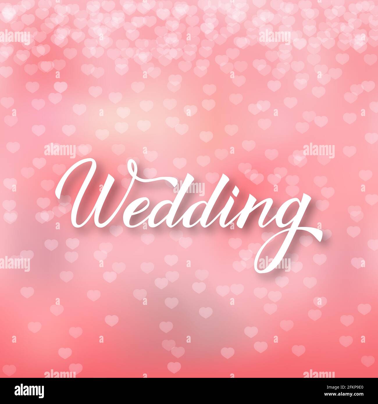 Calligrafia scritta a mano Wedding con pennello. Fondo sfumato rosa con cuori in caduta confetti. Modello vettoriale facile da modificare per l'invitat Illustrazione Vettoriale