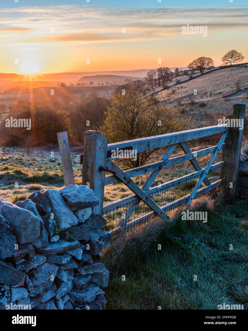 Mattina gelata in aprile con muro di pietra e cancello e alba, Peak District, Derbyshire, Regno Unito a Taddington vicino a Buxton e Bakewell Foto Stock