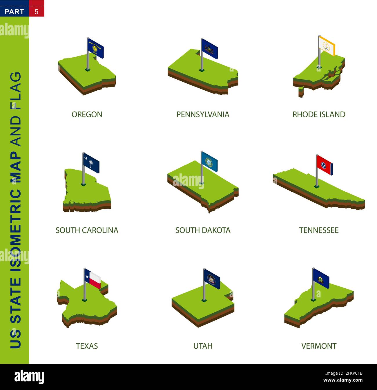 Set di 9 mappe isometriche dello stato USA e flag, forma isometrica vettoriale 3D di Oregon, Pennsylvania, Rhode Island, South Carolina, South Dakota, Tennessee, Illustrazione Vettoriale