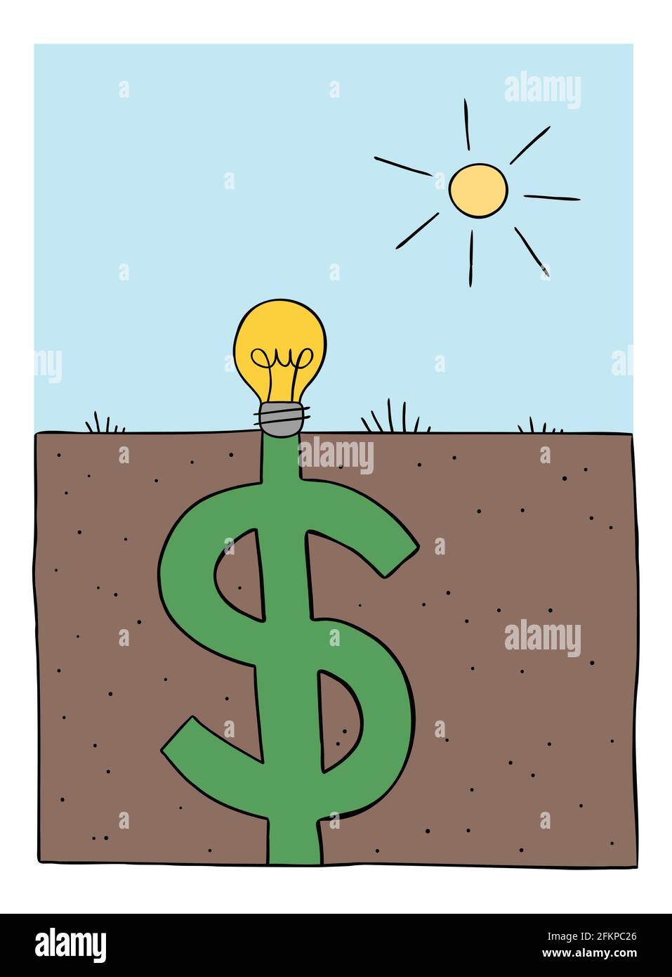 L'illustrazione vettoriale del cartone animato dell'idea della lampadina è piantata nel terreno e si riempie in su come un dollaro grande sotto il terreno. Illustrazione Vettoriale