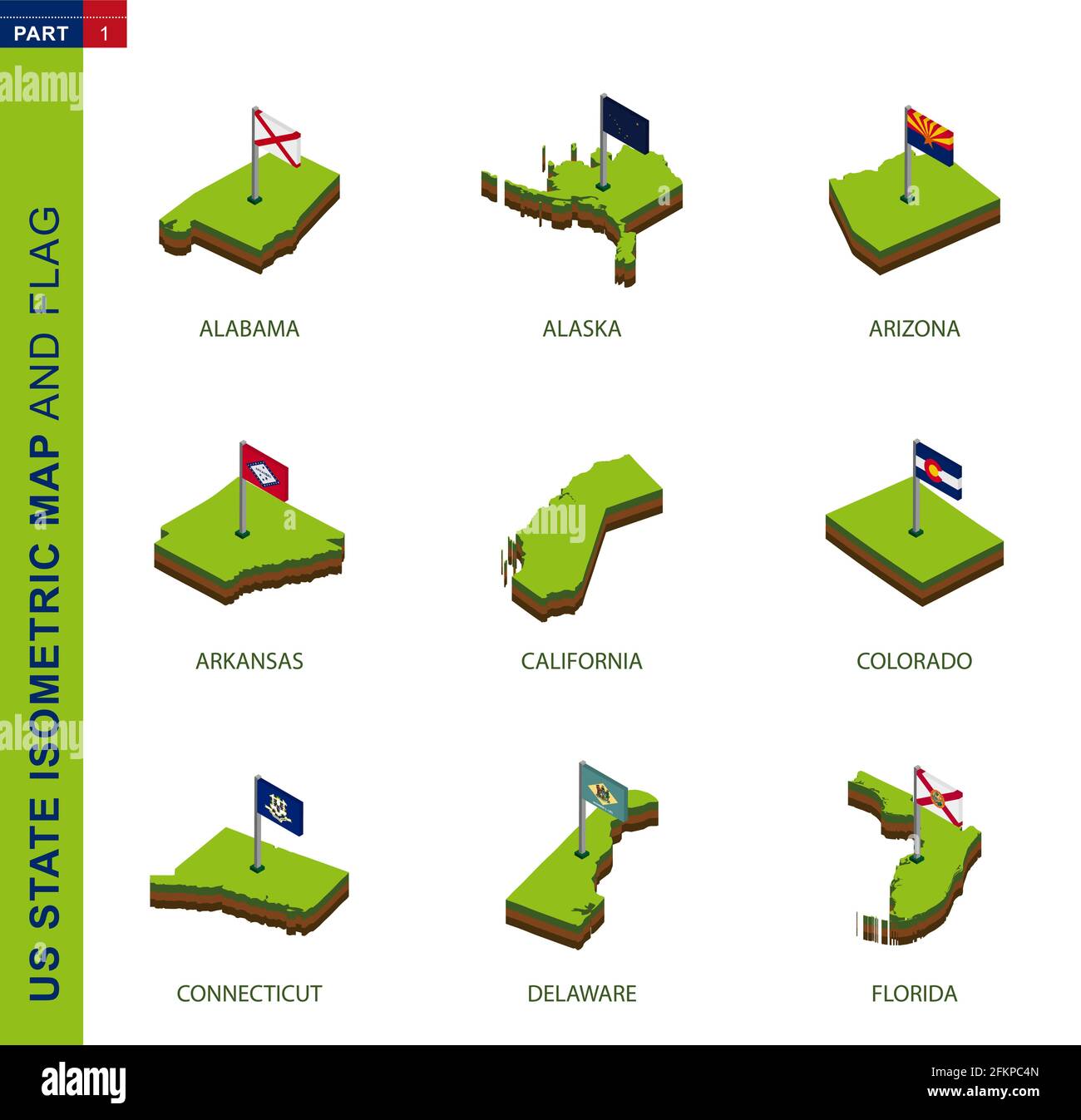 Set di 9 mappe isometriche dello stato degli Stati Uniti e bandiere, forma isometrica vettoriale 3D di Alabama, Alaska, Arizona, Arkansas, California, Colorado, Connecticut, Delawa Illustrazione Vettoriale
