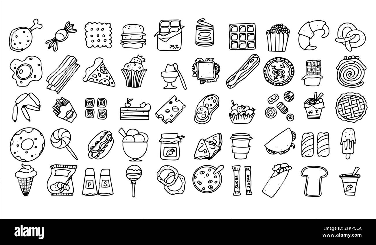 Doodle food Set di 50 diversi prodotti fast-food. Dolci fatti a mano, dessert, spuntini, popcorn, cibo americano e colazione inglese. Una grande serie di Illustrazione Vettoriale