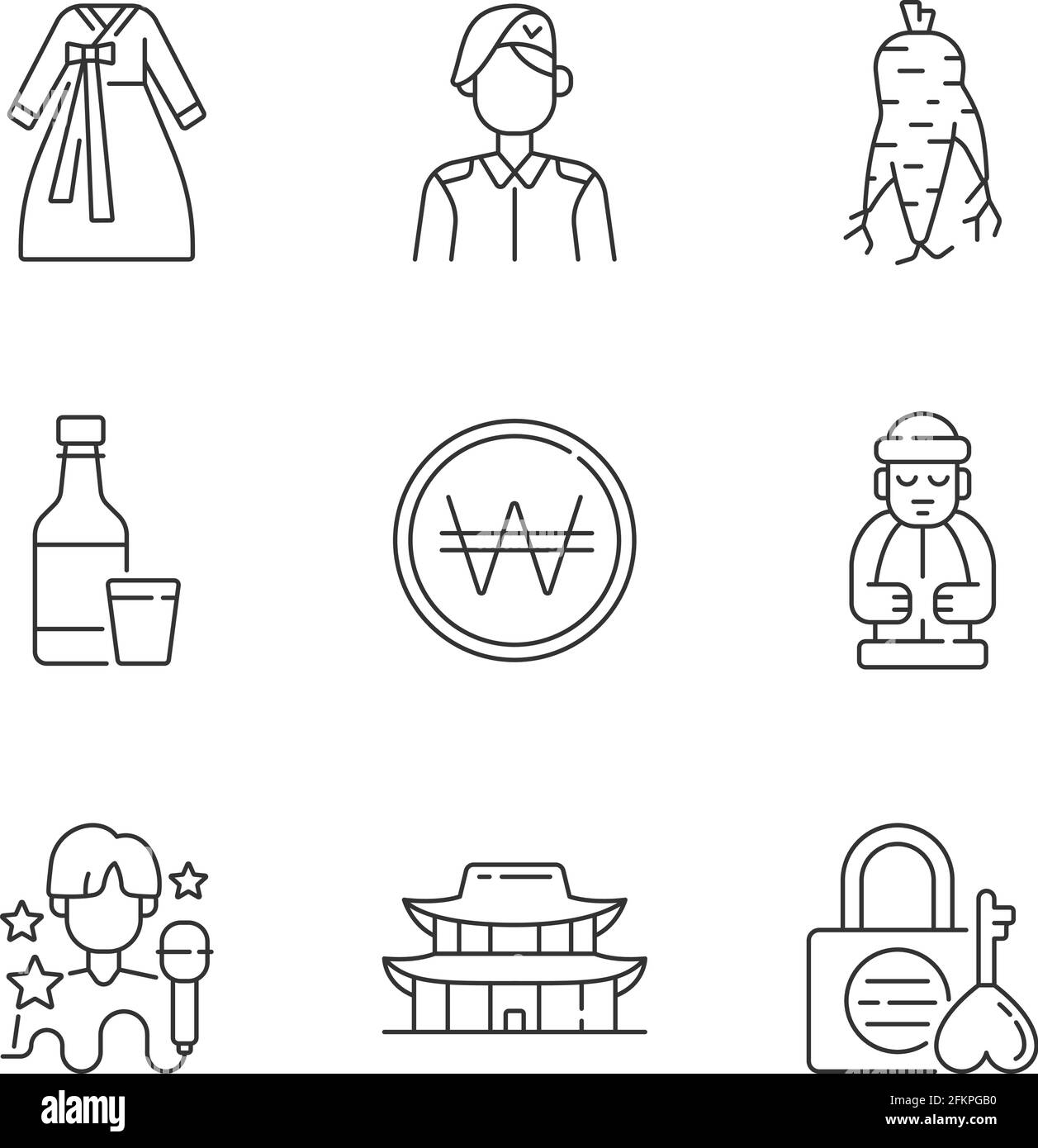 Set di icone lineari cultura della Corea Illustrazione Vettoriale