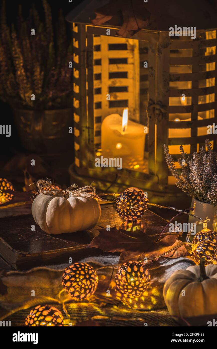 Terrazza d'autunno di notte con zucche bianche, luci e foglie secche, foto verticale di stock Foto Stock