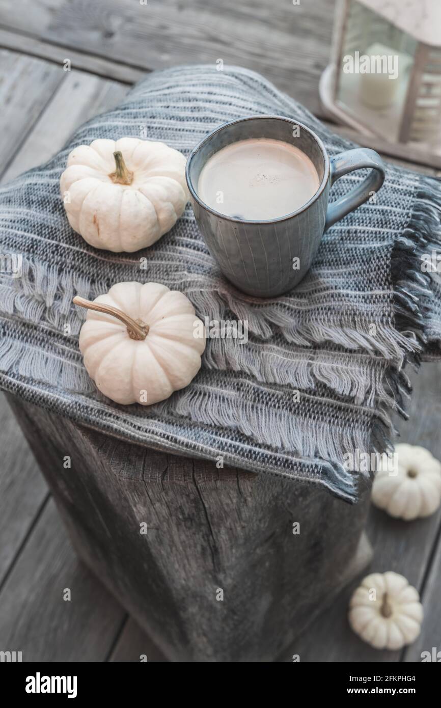 Tazza di caffè e mini zucche bianche su una sciarpa di lana su un blocco di legno di quercia su una veranda, foto verticale stock Foto Stock