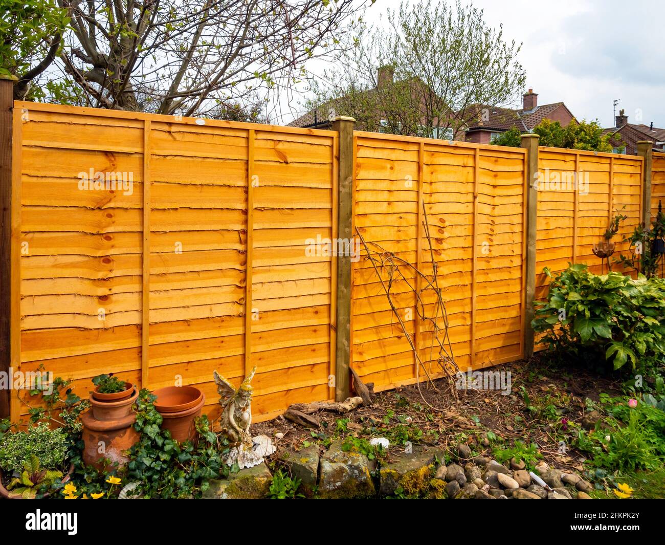 Una recinzione giardino casa di famiglia di recente costruzione che comprende tradizionale 6 piedi alto legname larice lap pannelli e pali in legno in North Yorkshire Foto Stock