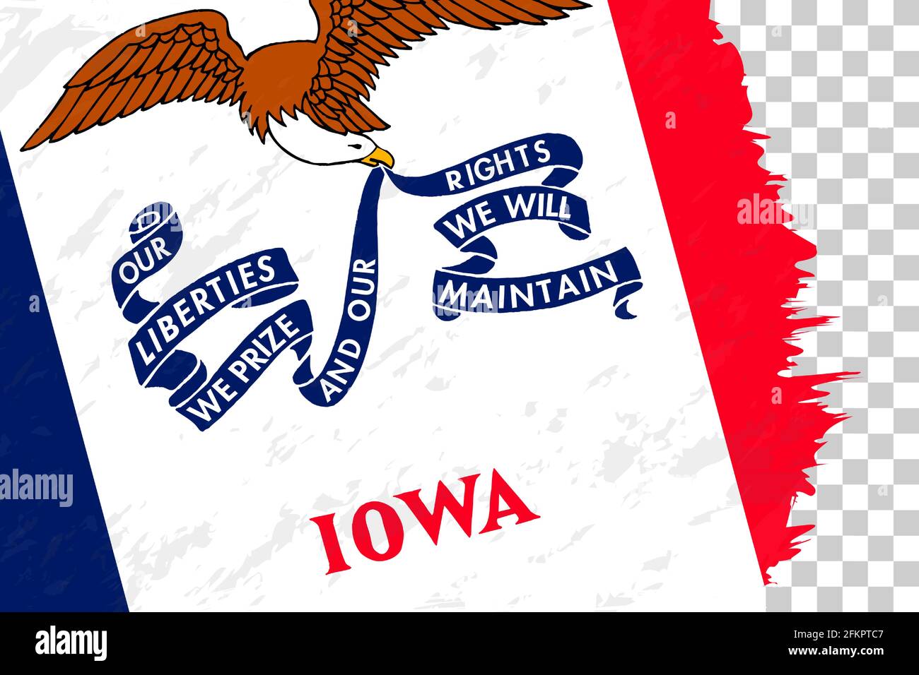 Bandiera spazzolata astratta orizzontale di grunge dell'Iowa su griglia trasparente. Modello vettore. Illustrazione Vettoriale