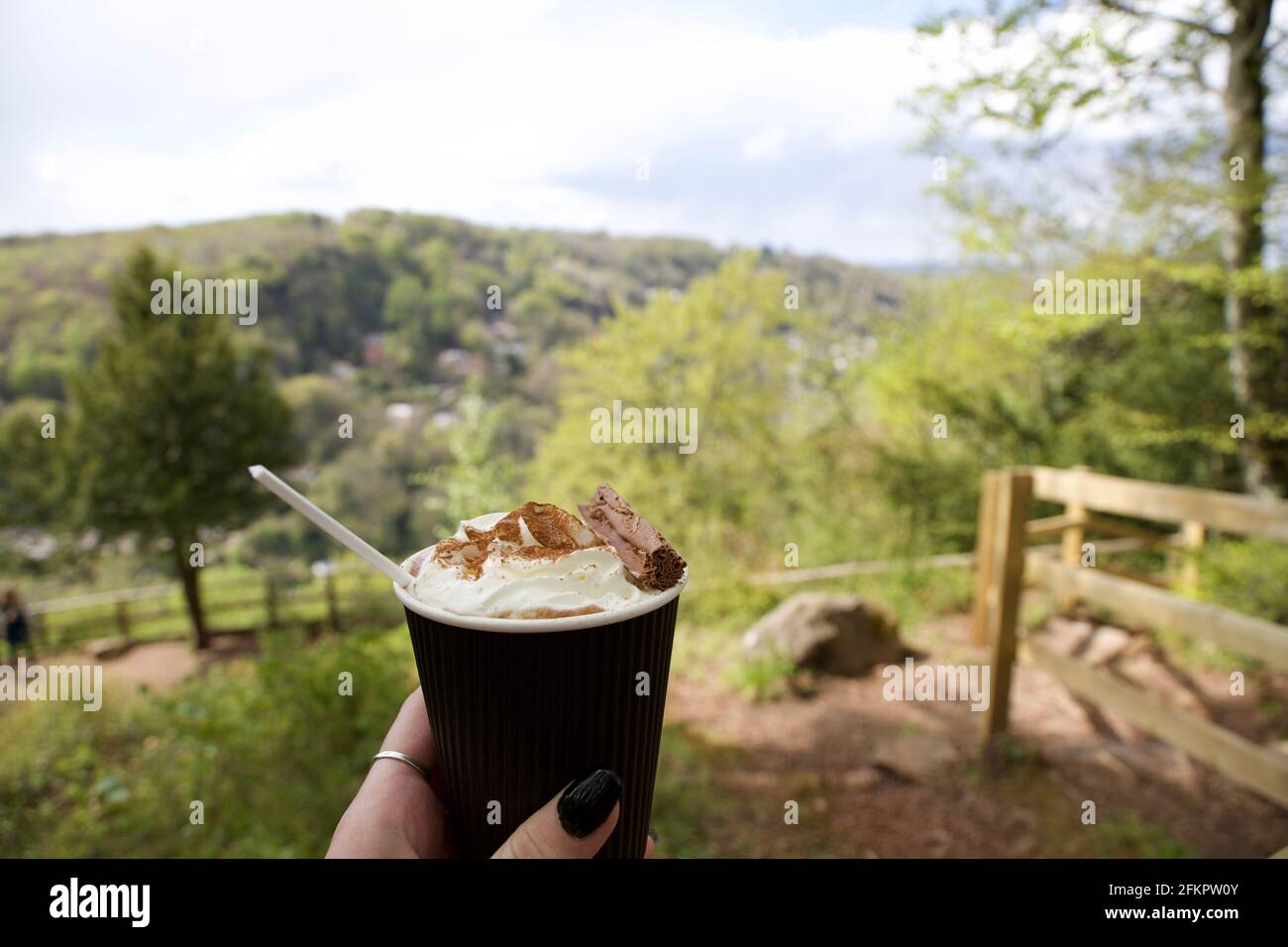 Cioccolata calda con panna in campagna Foto Stock