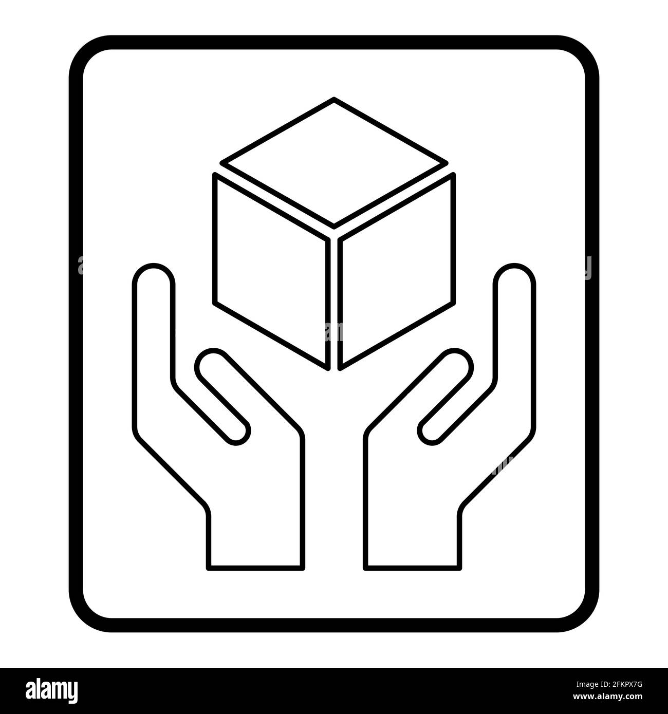 Maneggiare con l'icona di cura piatta con la cornice nera isolata su sfondo bianco. Simbolo della confezione fragile. Illustrazione vettore etichetta . Illustrazione Vettoriale