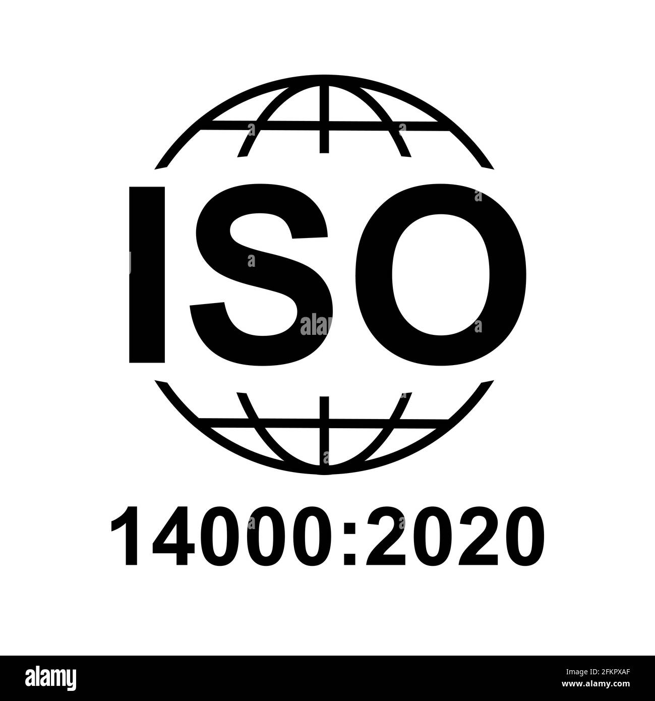Icona ISO 14000:2020. Simbolo di qualità standard. Pulsante vettore isolato su sfondo nero . Illustrazione Vettoriale