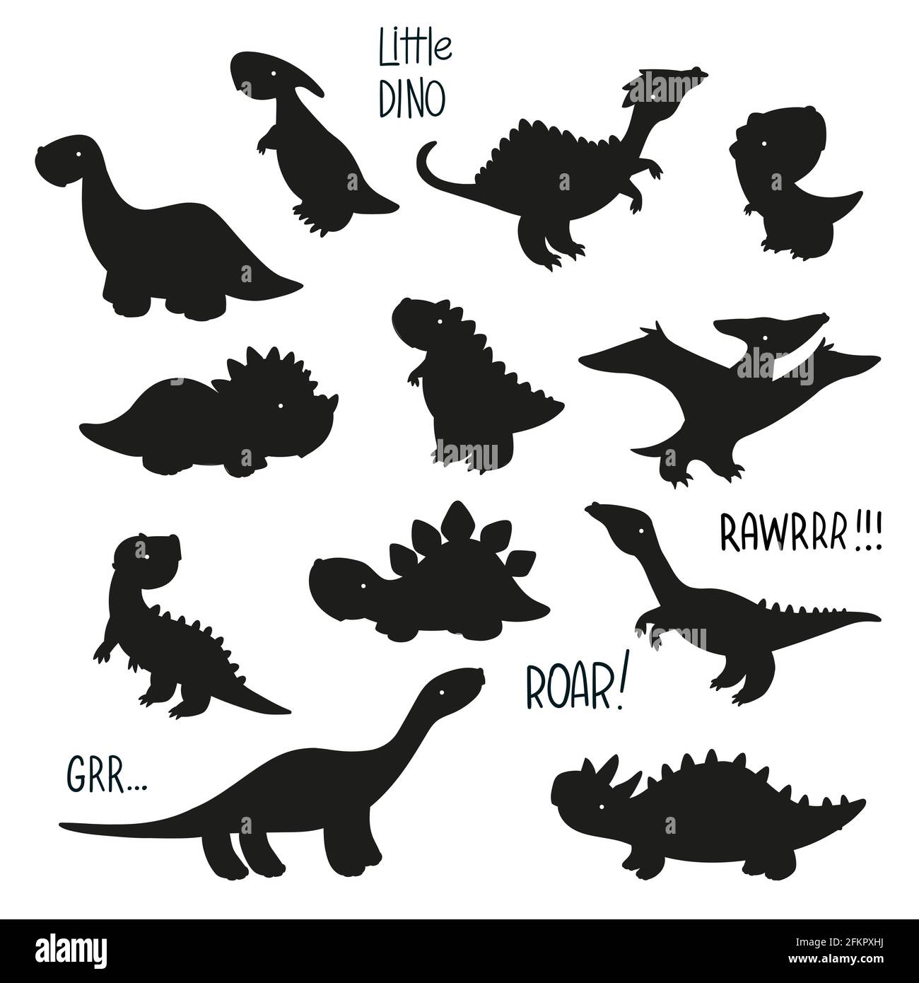 Set di silhouette di dinosauro. Mostri vettoriali cartoni animati. Icone dinosauriche. Elementi per il design di carte e adesivi e t-shirt Illustrazione Vettoriale