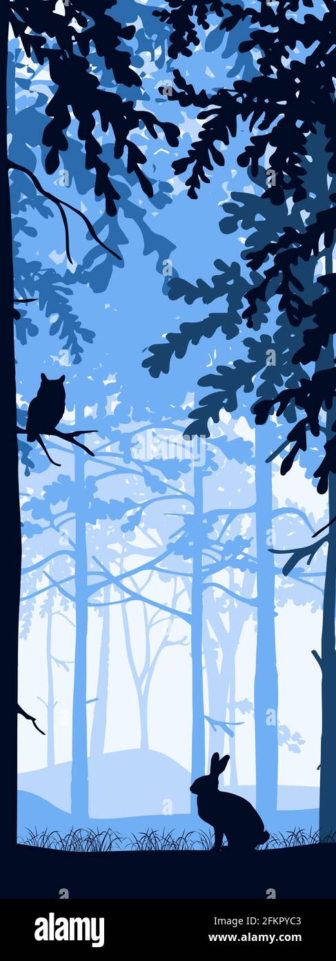 Banner verticale con sfondo foresta. Lepre a terra, gufo su albero. Magico paesaggio nebby con sagome di alberi. Illustrazione blu. Segnalibro. Illustrazione Vettoriale