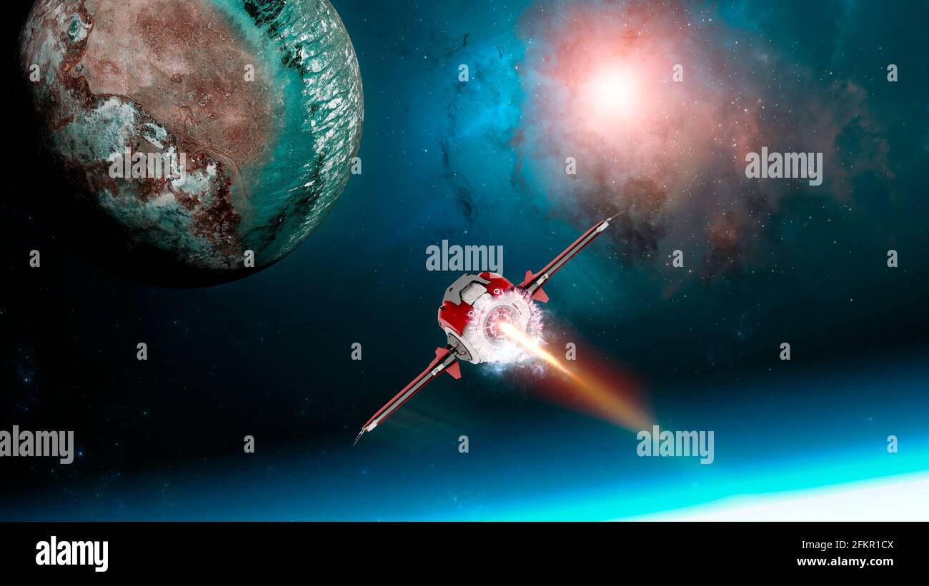 Astronave che viaggia tra pianeti di galassie lontane. Esplorazione di pianeti. Sci-fi. Conquista nuovi mondi. Innovazione tecnologica. Interstellare Foto Stock