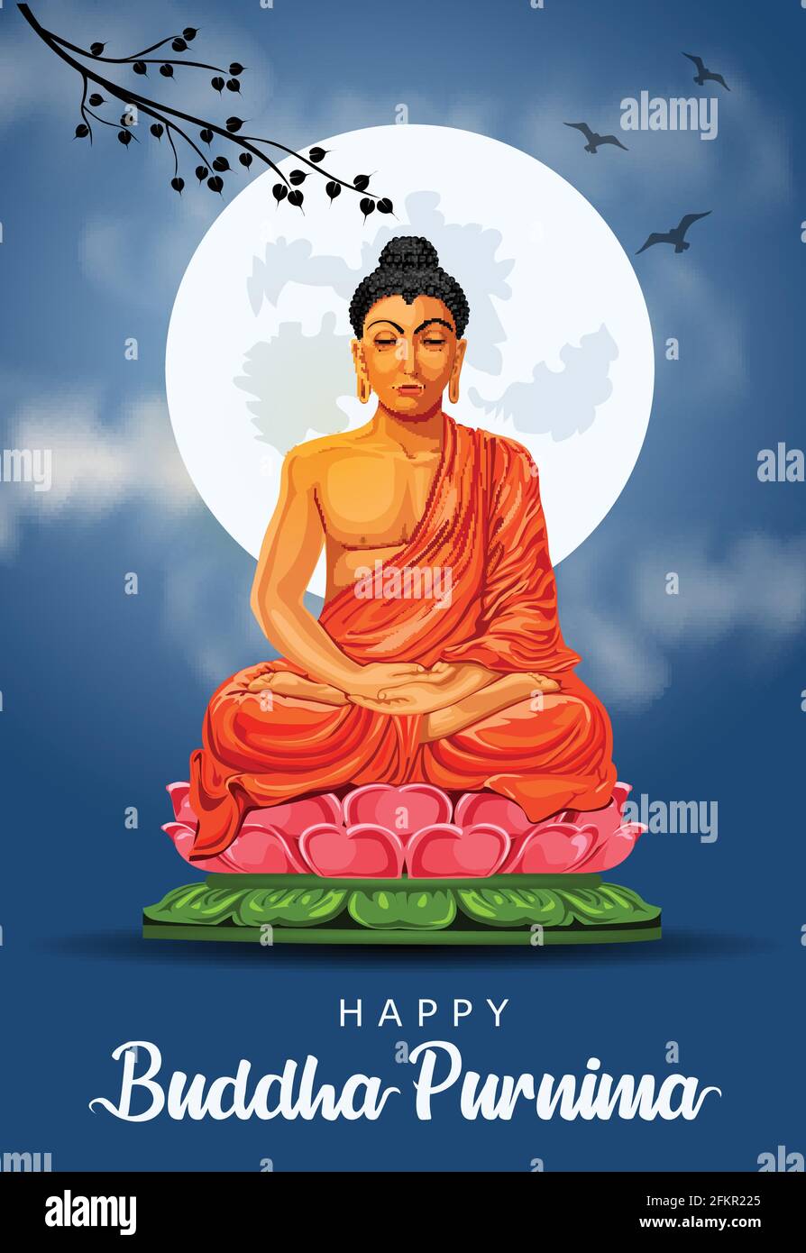 Buon giorno di Vesak, Buddha Purnima augura saluti con buddha e loto illustrazione. Può essere utilizzato per poster, banner, logo, sfondo, saluti, prin Illustrazione Vettoriale