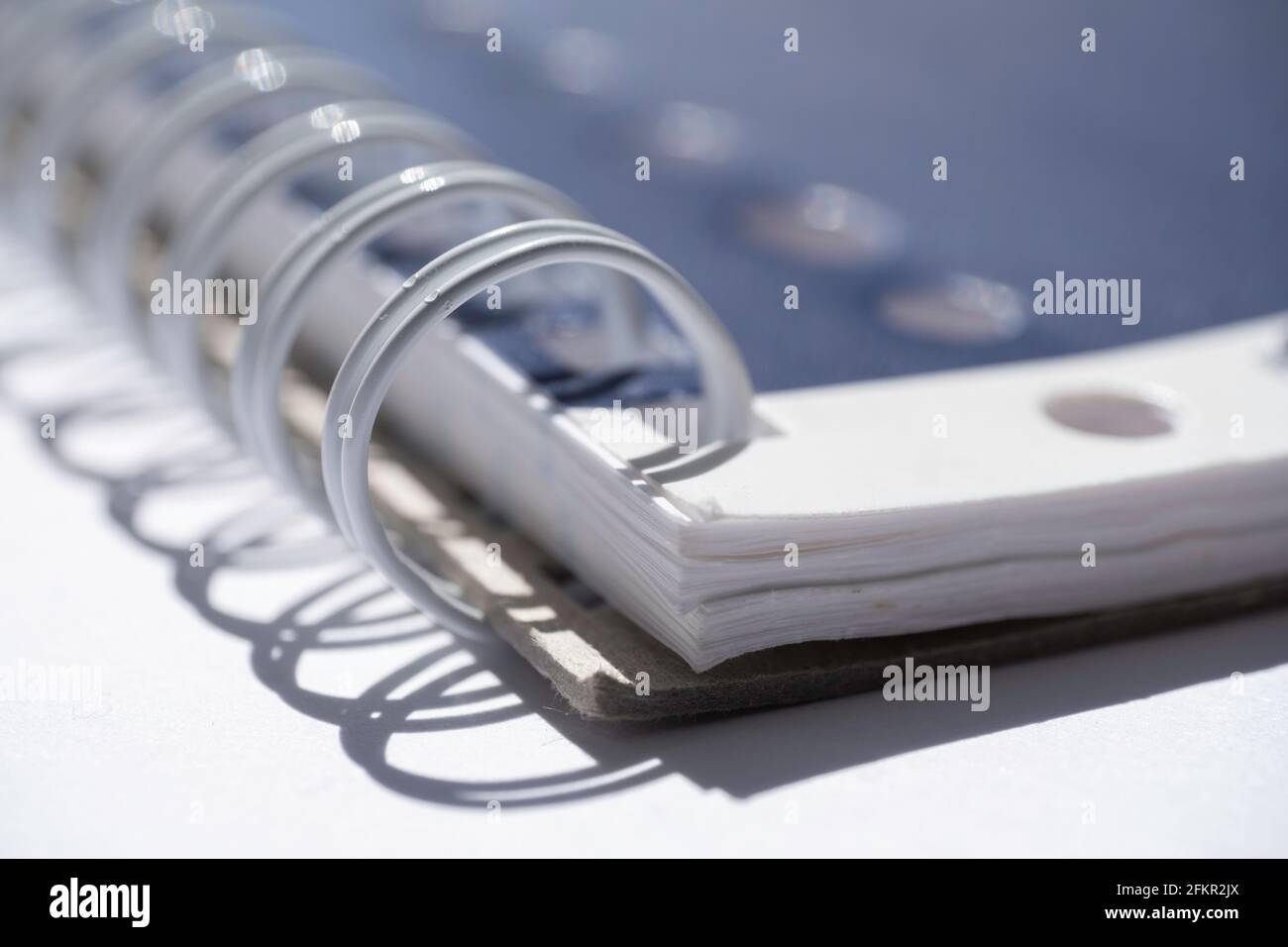 Primo piano di una parte di una rilegatrice ad anello chiusa con ombreggiatura con spazio bianco a sinistra. Profondità di campo ridotta Foto Stock
