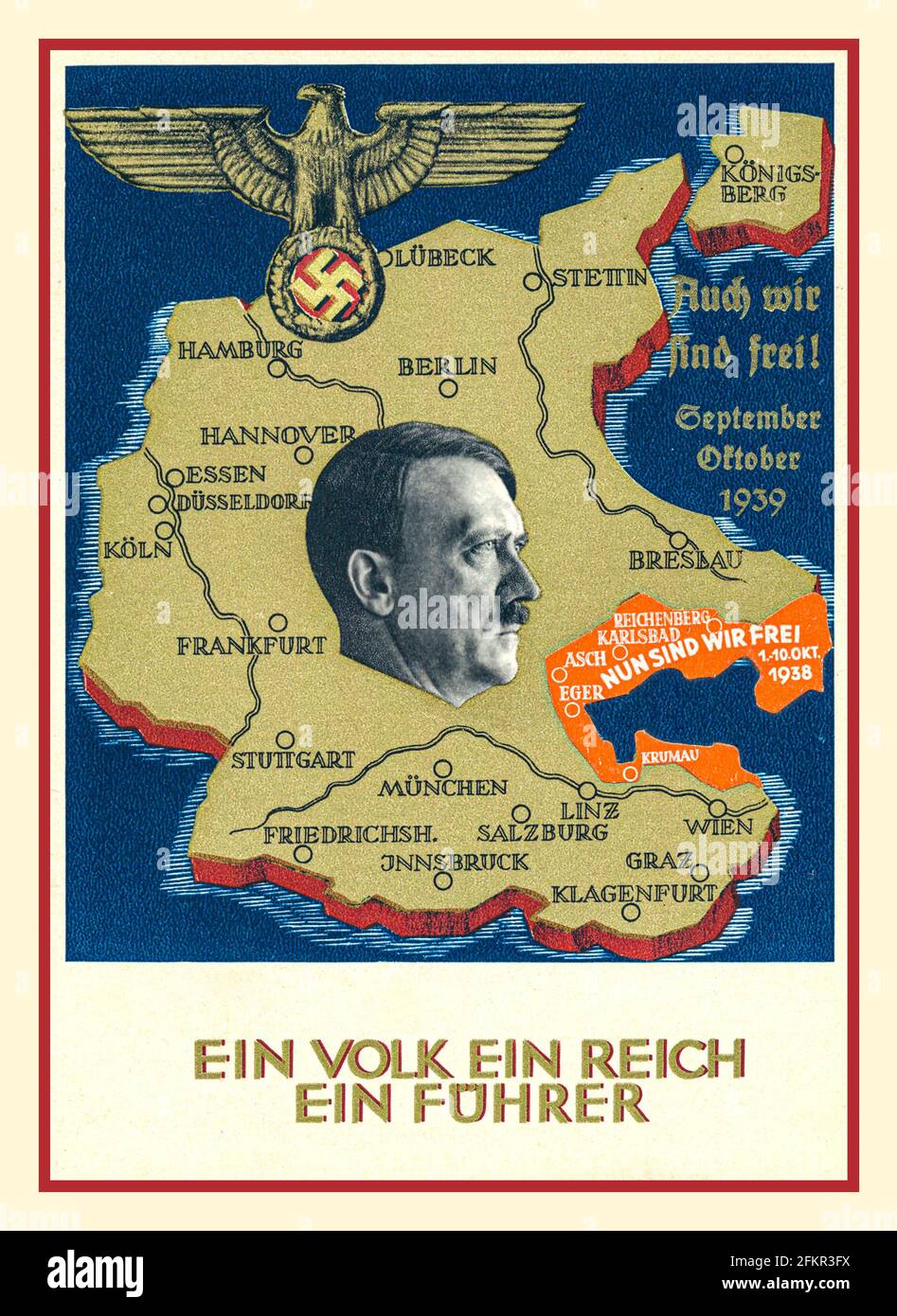 1930 'nazista Propaganda 'Anschluss' poster mappa della Germania con Nazi Eagle, Swastika e Adolf Hitler. "Ein VOLK ein REICH ein Führer" "One People..One Reich..One Führer" l'Austria è stata annessa senza spargimento di sangue nella Germania nazista maggiore il 13 marzo 1938 sind wir frei 'ora siamo liberi: Foto Stock