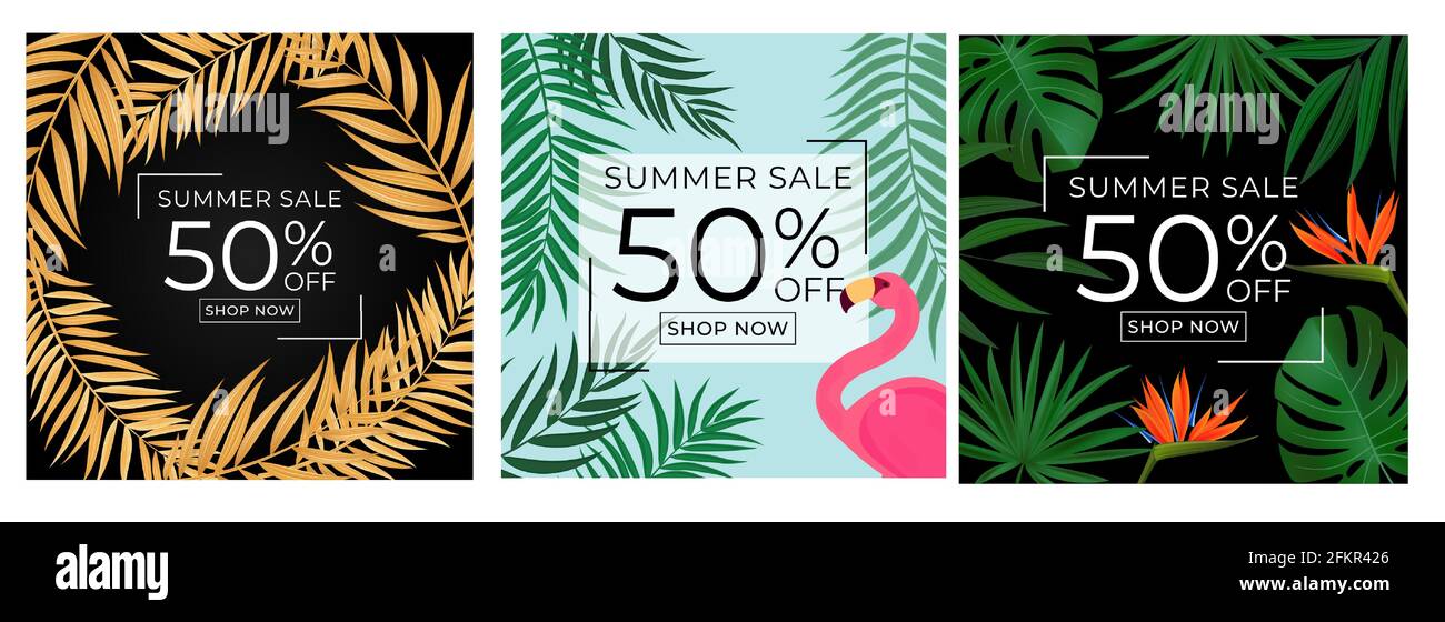 Abstract Summer sale sfondo con foglie di palma e set collezione di fenicotteri. Illustrazione vettoriale Illustrazione Vettoriale
