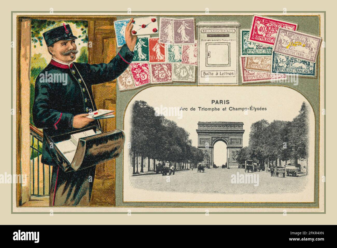 CARTOLINA D'EPOCA PARIGI POSTMAN D'EPOCA Vintage 1890's French Travel Post Card che promuove Parigi con l'Arc de Triomphe e il Postino francese con francobolli e letterbox France Foto Stock