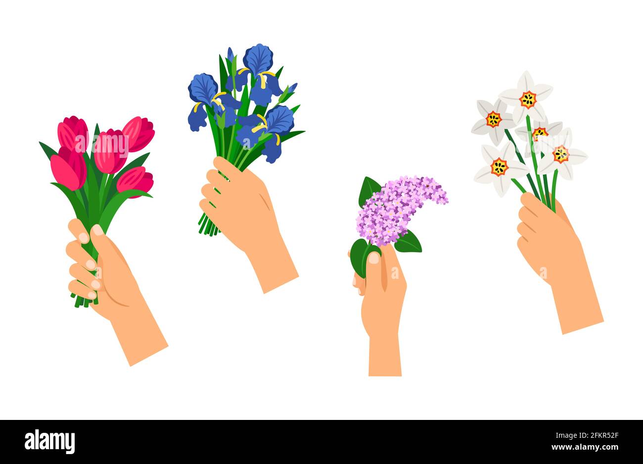 Mani che tengono mazzi. Fiori di primavera, bouquet isolato di fiori vettoriali Illustrazione Vettoriale