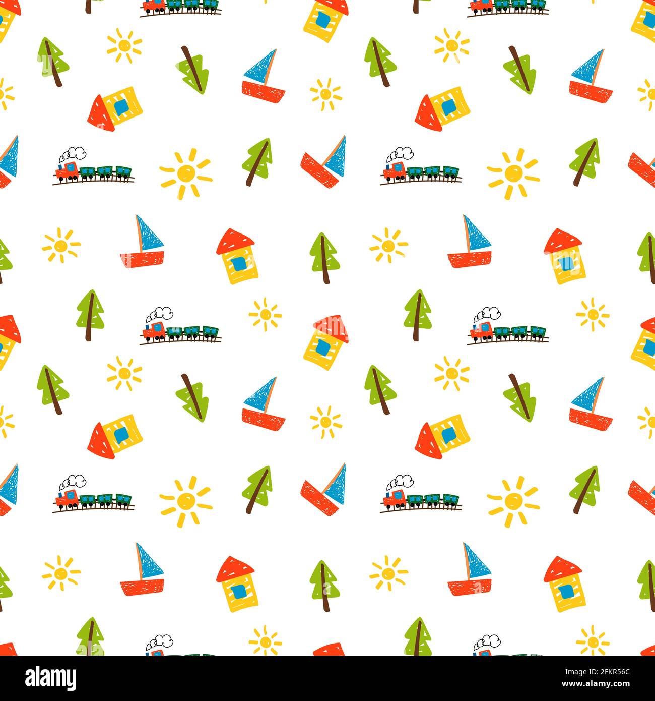 Disegno bambini. Casa, nave e sole sfondo. Schema vettoriale chiaro e semplice per bambini senza cuciture Illustrazione Vettoriale
