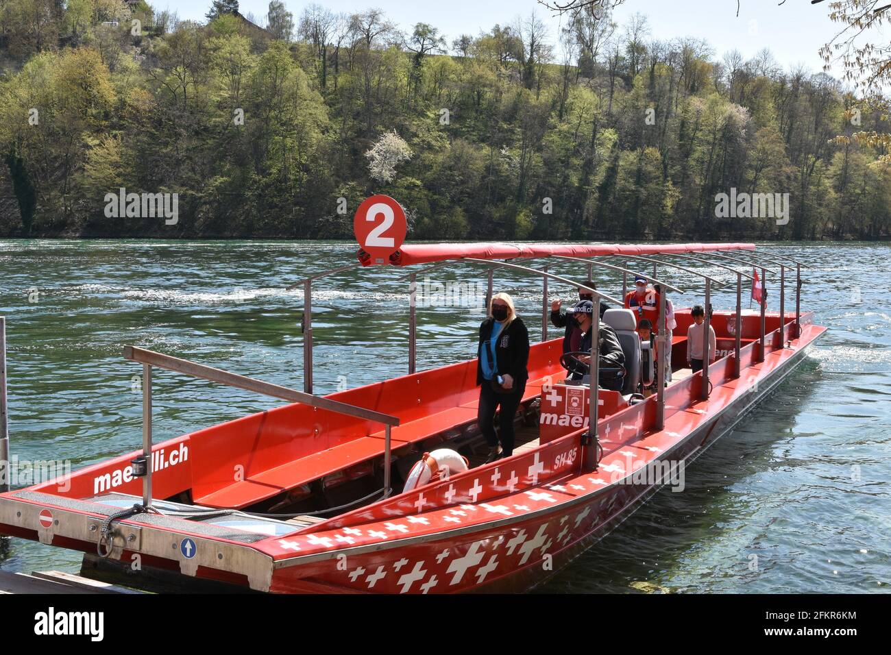 Nave turistica rossa o barca sul fiume Reno con i turisti pronti a scendere. Dintorni della cascata Rhine Falls in primavera. Foto Stock