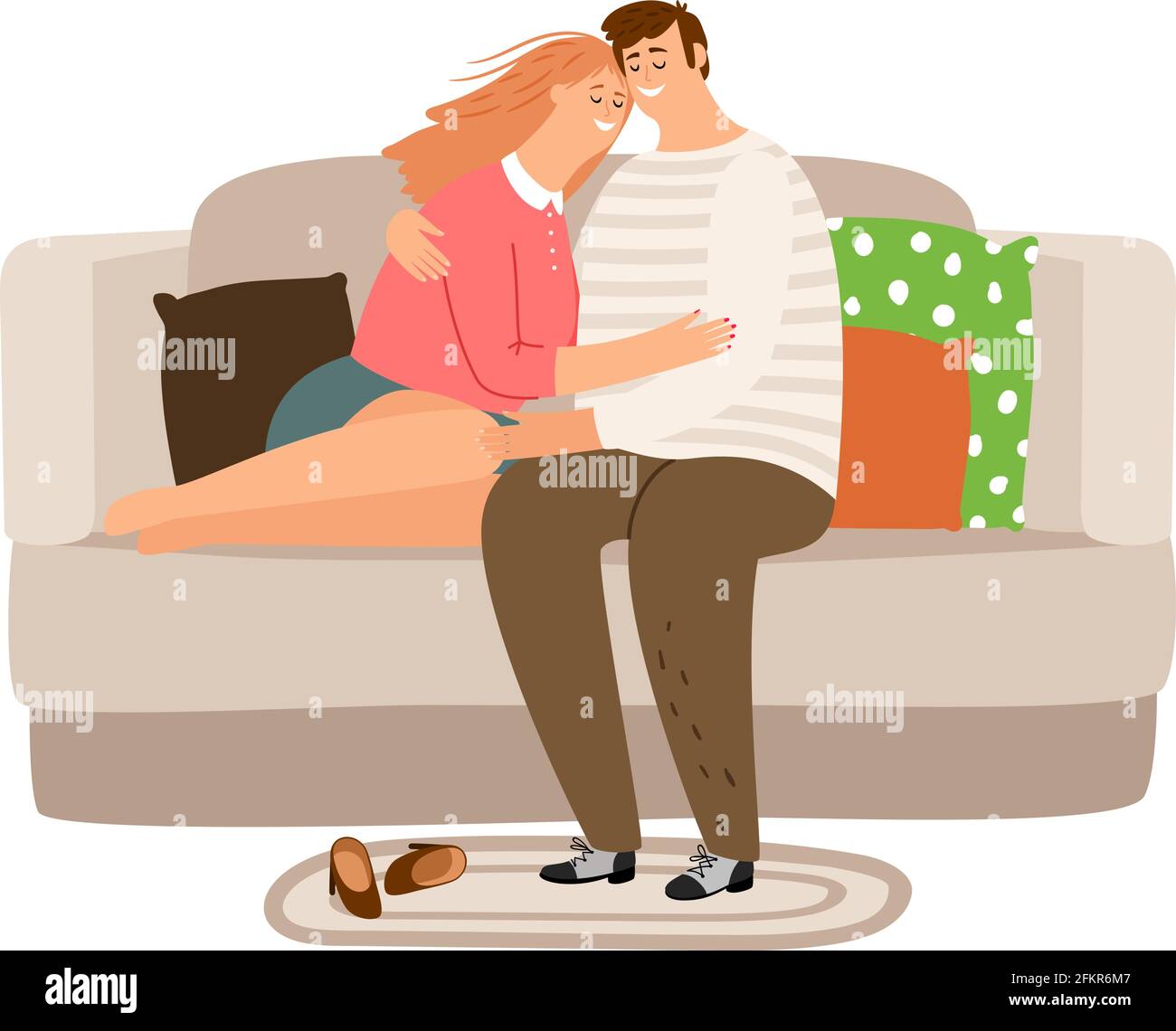 Felice coppia stanca. Uomo donna rilassarsi sul divano a casa. Femmina di hugs maschio. Gioia carino adulti caratteri vettoriali Illustrazione Vettoriale