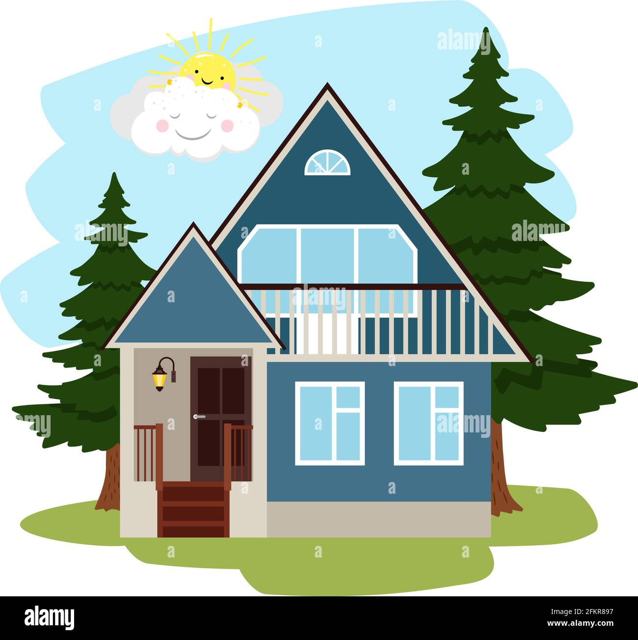 Casa di campagna estiva. Cottage tra alberi verdi, casa cartoon con porta e torcia in campagna, illustrazione vettoriale di vacanza concetto sulla natura in campagna Illustrazione Vettoriale