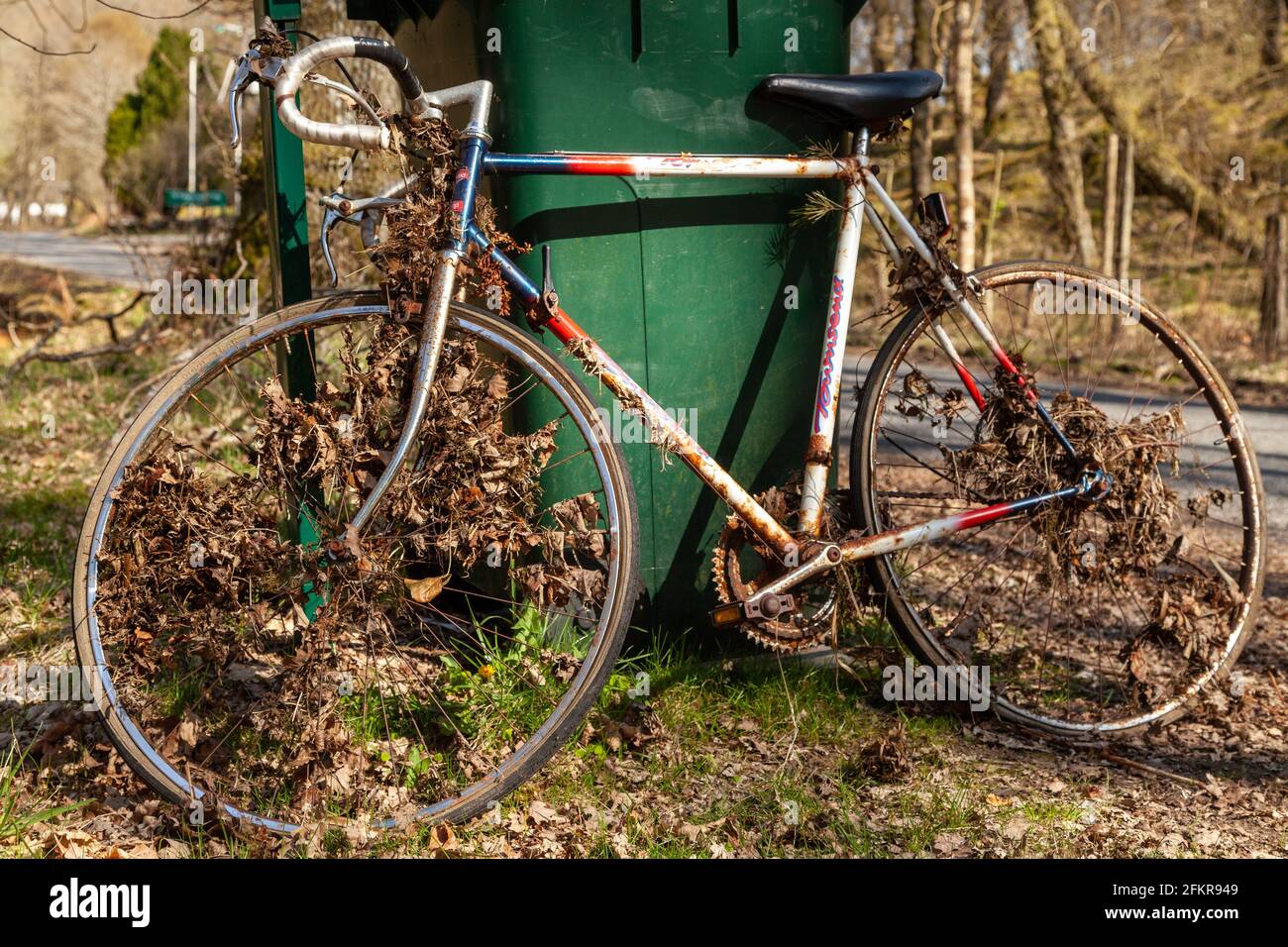 Una vecchia bicicletta arrugginita che pende contro un bidone verde Foto Stock