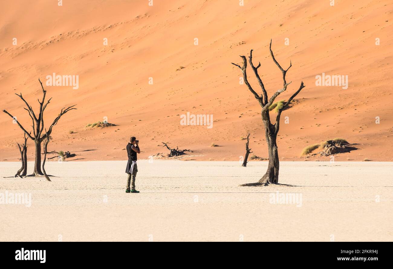 Solitario fotografo di viaggio avventura al cratere Deadvlei nel territorio di Sossusvlei - Namibia mondo famoso deserto - vagare concetto con africano natura Foto Stock