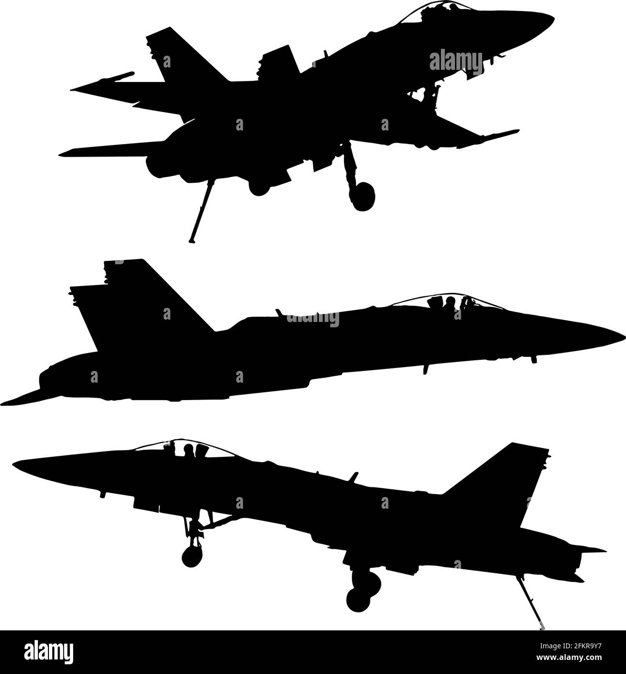 Silhouette con getti militari in nero su sfondo bianco Illustrazione Vettoriale