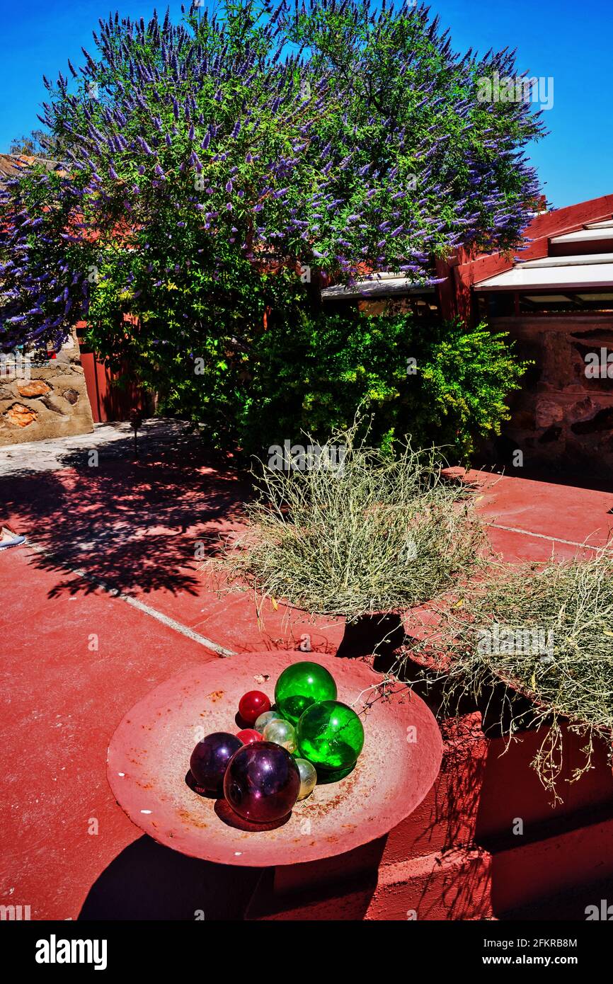 Decorazione esterna, la casa e la scuola invernali dell'architetto Taliesin West Frank Lloyd Wright nel deserto, Scottsdale, Arizona, USA Foto Stock