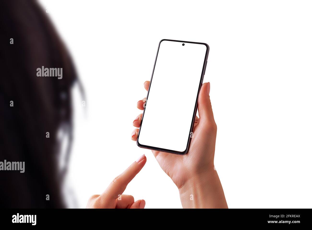 Concetto isolato del display del telefono touch donna. Schermo isolato e sfondo per la promozione app desing Foto Stock