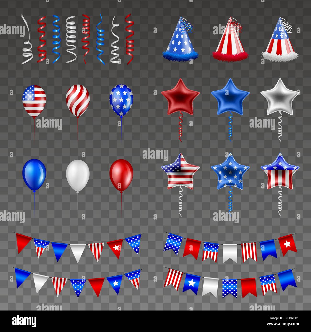 Insieme di elementi del giorno dell'indipendenza americana. il 4 luglio hanno isolato gli streamer, i cappelli, i palloncini e i pennants Illustrazione Vettoriale