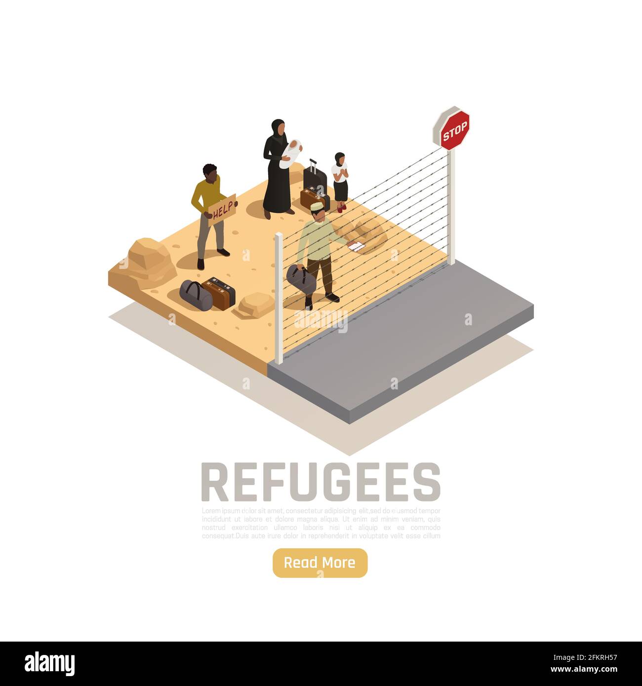 Concetto di progettazione isometrica dei rifugiati apolidi con gruppo di immigrati a. punto di controllo del bordo che richiede un'illustrazione del vettore della guida Illustrazione Vettoriale