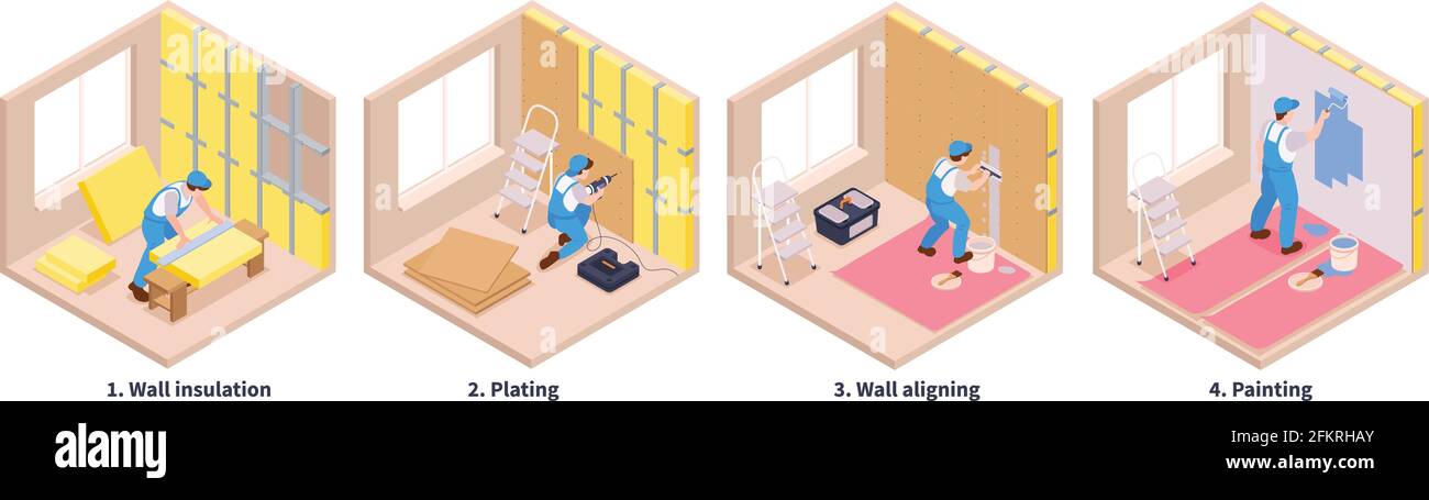 Set di riparazioni isometriche di quattro didascalie di testo a forma cubica e diverse fasi di decorazione opere illustrazione vettoriale Illustrazione Vettoriale