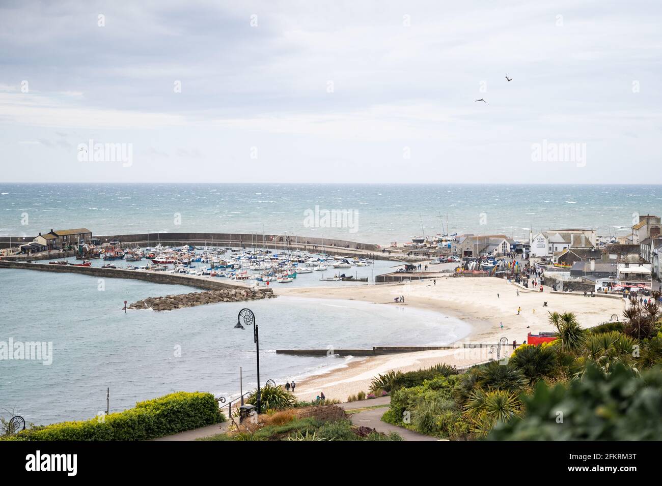 Porto panoramico e spiaggia di Devon con barche, palme e passeggiata costiera Foto Stock