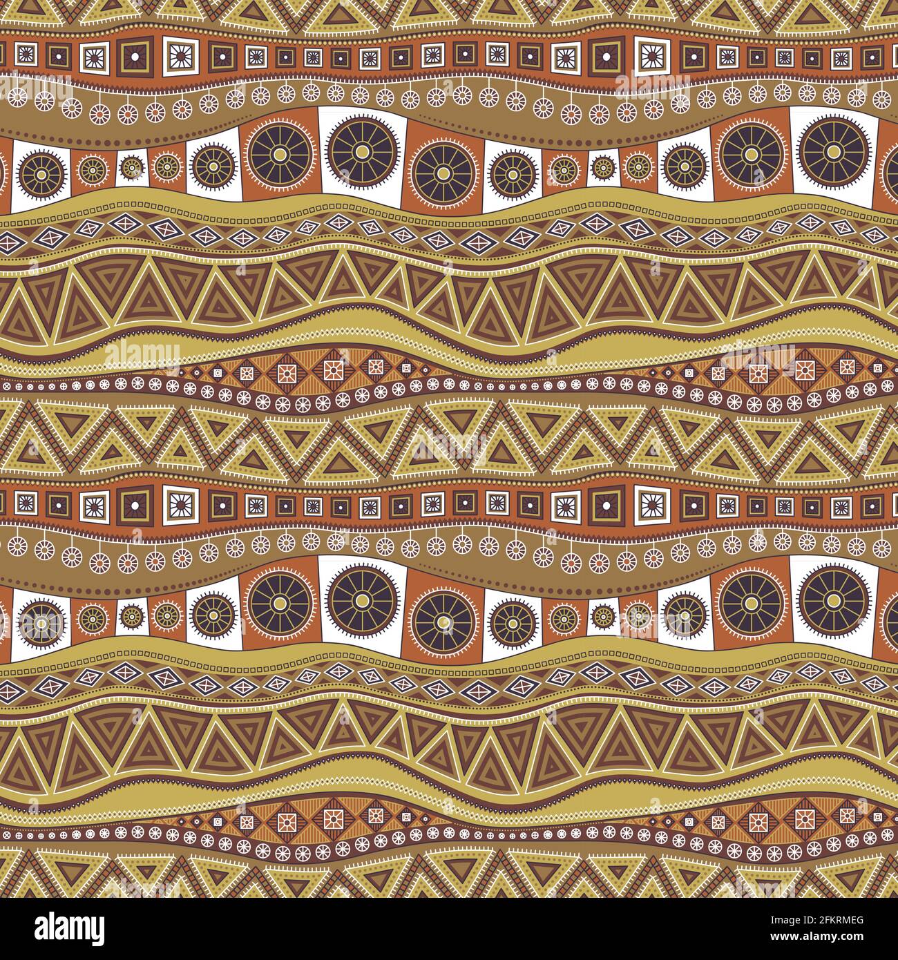Motivo geometrico senza cuciture su them.e di ornamenti africani in colori marrone ocra. Illustrazione Vettoriale