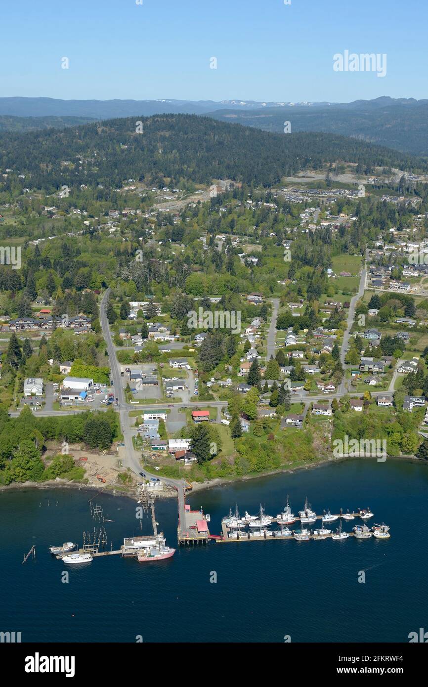 Fotografia aerea del molo di Sooke Harbour Authority, Sooke, Vancouver Island, British Columbia Foto Stock