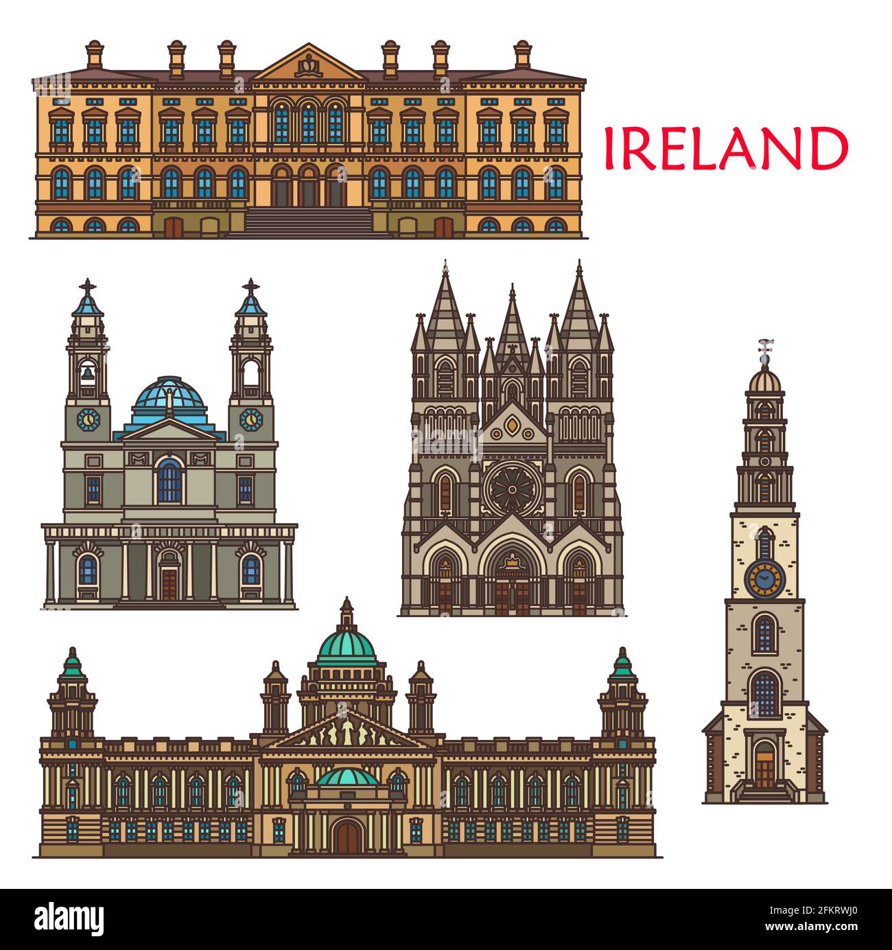 Architettura irlandese e edifici storici, antichi luoghi di interesse turistico a Belfast e Cork città. Monumenti storici irlandesi, Cattedrale di Saint fin barre, Illustrazione Vettoriale