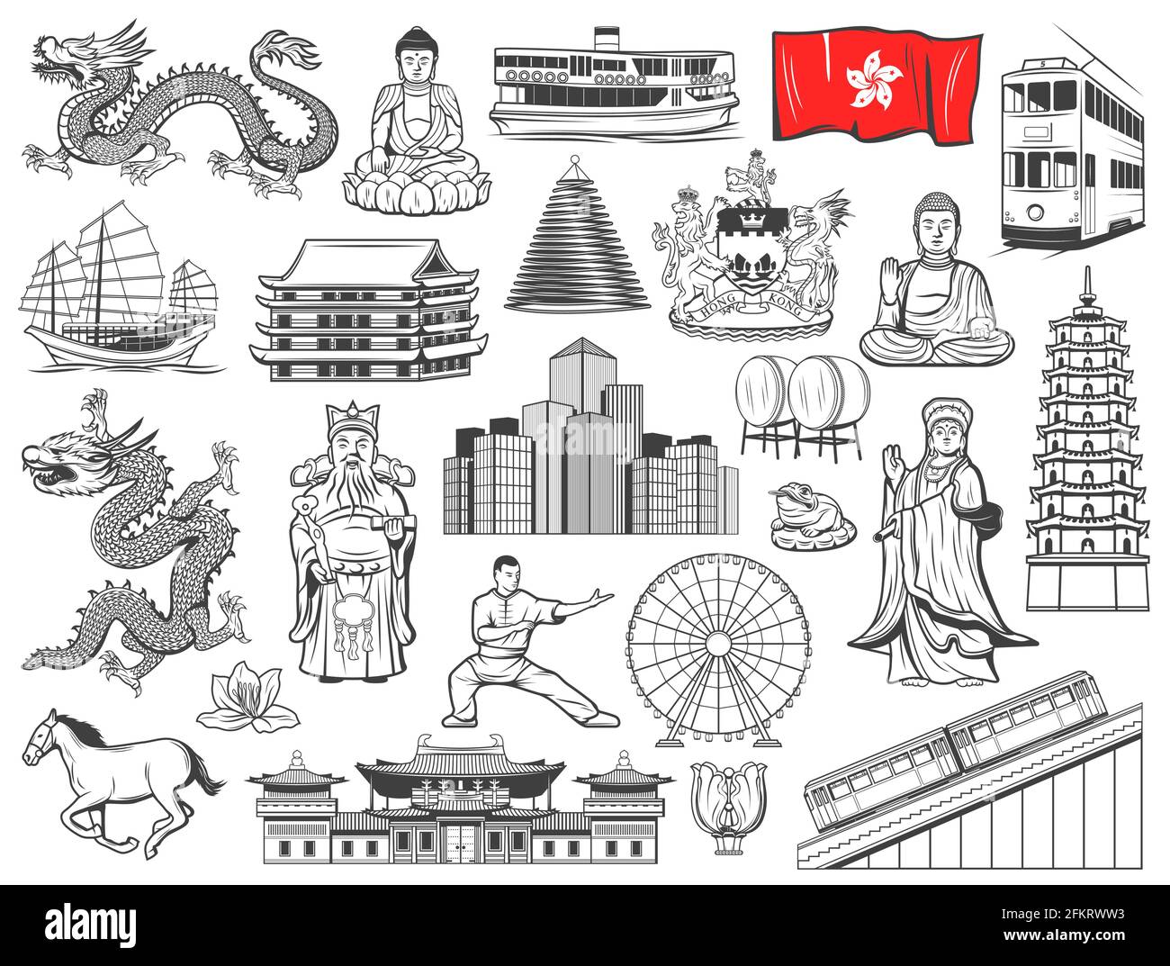 Luoghi di interesse di Hong Kong, attrazioni turistiche e icone di vettori religiosi. Bandiera della città di Hong Kong, stemma e drago, Buddha, dea del mare e tram, ferr Illustrazione Vettoriale