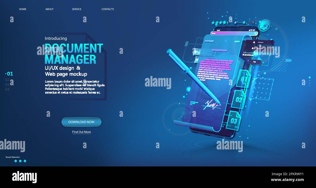 Document Manager - App per telefono cellulare per le aziende. Firma di un contratto o di un contratto online. Concetto di firma digitale utilizzando una penna su un telefono o un tablet Illustrazione Vettoriale