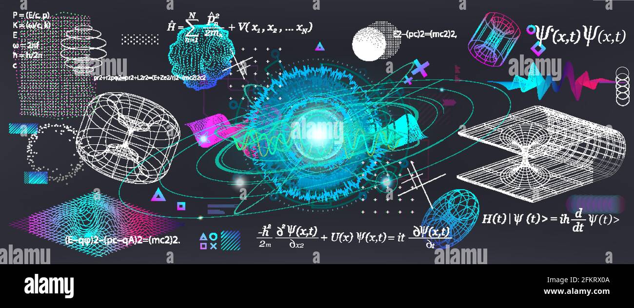 Elementi scientifici Imposta concetto Quantum Mechanics, formula, curvatura dello spazio-tempo in un campo gravitazionale, buco nero, elementi teorici Illustrazione Vettoriale