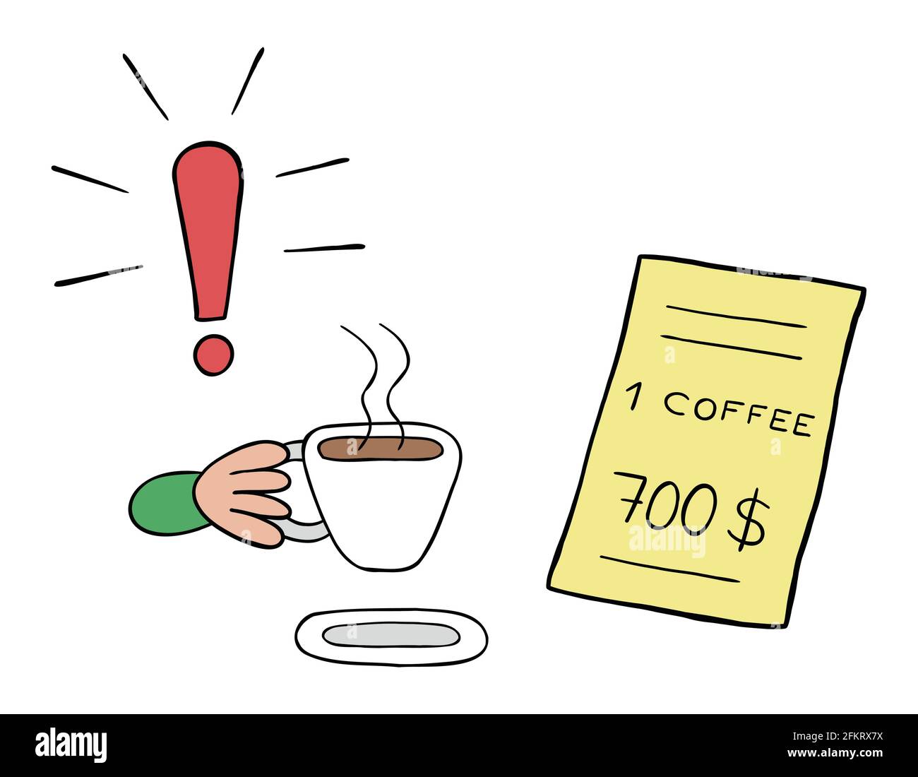 Cartoon vettore illustrazione di un bevitore di caffè e di un ristorante ad un prezzo molto alto. Contorni colorati e neri. Illustrazione Vettoriale