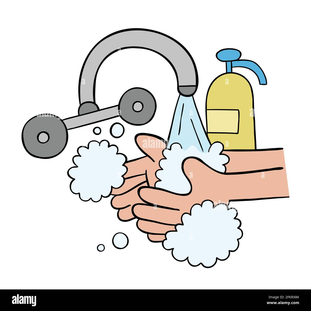 Cartoon vettore illustrazione del lavaggio delle mani con sapone. Contorni colorati e neri. Illustrazione Vettoriale