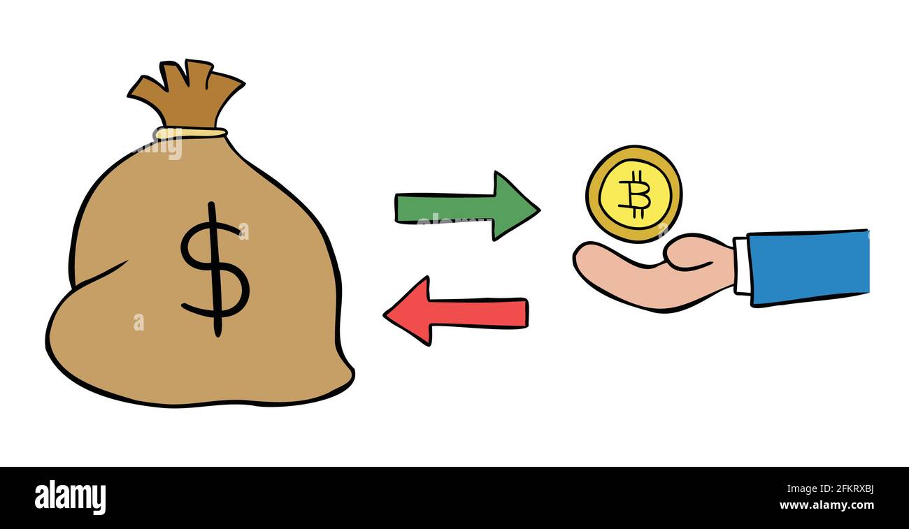 Cartoon vettore illustrazione di un sacco di dollari e uno scambio di  bitcoin. Contorni colorati e neri Immagine e Vettoriale - Alamy